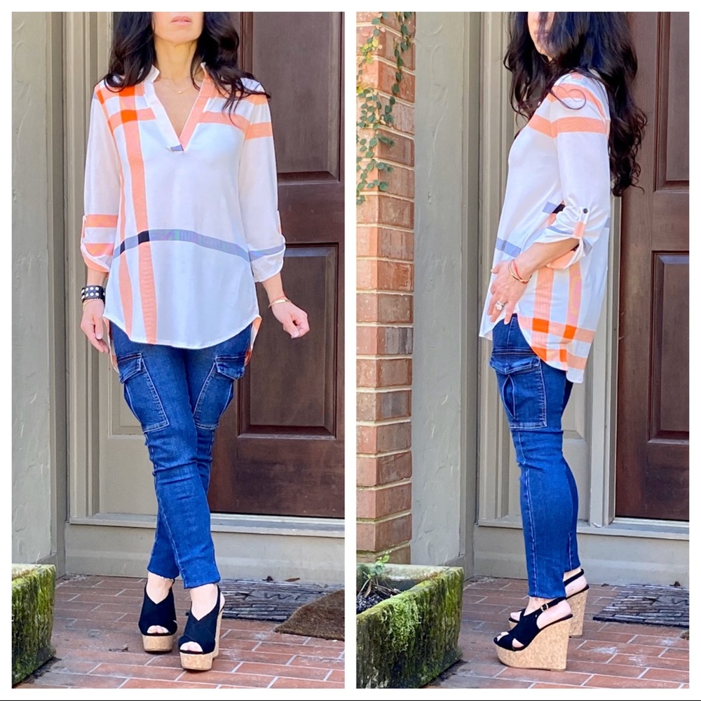 Beige inspired plaid rolled sleeves tunic top - Picture 13 of 16